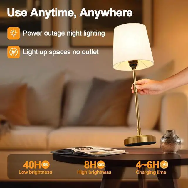 Alt view image 5 of 7 - Cordless Table Lamps Set of 2 Battery Operated Lamp with 7500mAh Rechargeable Battery, Stepless Dimmable Vintage Brushed Gold Desk Wireless Lamps for Dining Room, Nightstand & Patio (Bulbs Included)