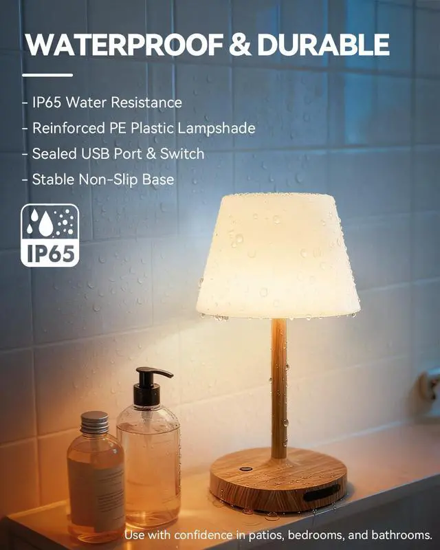 Alt view image 2 of 7 - Outdoor Waterproof Shower Lamp, 5200mAh Cordless Rechargeable Table Lamp with Touch Dimming, IP65 Wireless LED Night Light for Patio, Camping, Bathroom, Restaurant & Kitchen