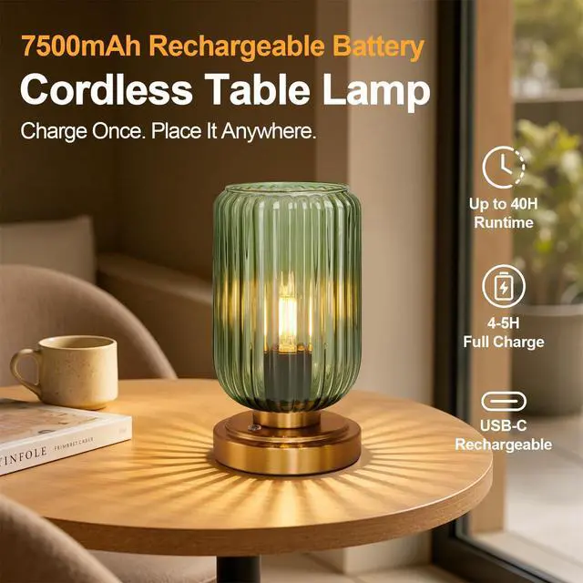 Alt view image 2 of 7 - Cordless Table Lamp for Bedroom, 7500mAh Rechargeable Battery Operated Lamp, Modern Touch Dimmable Wireless Lamp Gold Base Green Glass Shade for Living Room, Desk, Led Bulb Included