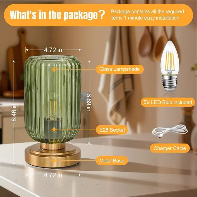 Alt view image 4 of 7 - Cordless Table Lamp for Bedroom, 7500mAh Rechargeable Battery Operated Lamp, Modern Touch Dimmable Wireless Lamp Gold Base Green Glass Shade for Living Room, Desk, Led Bulb Included