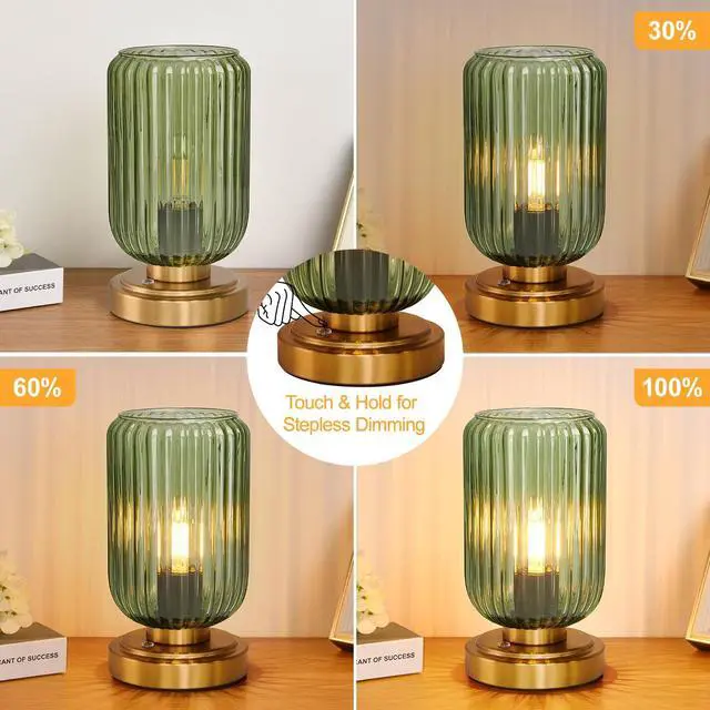 Alt view image 3 of 7 - Cordless Table Lamp for Bedroom, 7500mAh Rechargeable Battery Operated Lamp, Modern Touch Dimmable Wireless Lamp Gold Base Green Glass Shade for Living Room, Desk, Led Bulb Included