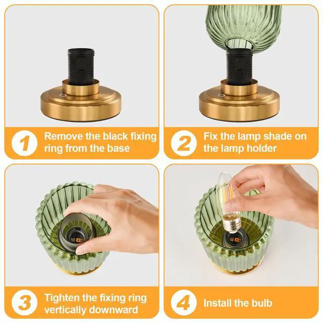 Alt view image 6 of 7 - Cordless Table Lamp for Bedroom, 7500mAh Rechargeable Battery Operated Lamp, Modern Touch Dimmable Wireless Lamp Gold Base Green Glass Shade for Living Room, Desk, Led Bulb Included