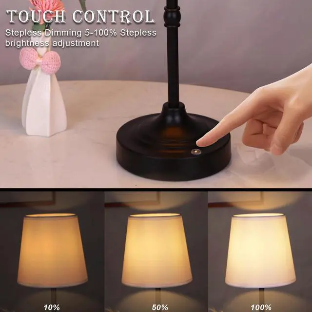 Alt view image 2 of 6 - Rechargeable Battery Powered Table Lamp, Wireless LED Lamps, Cordless Touch Lamps, Stepless Dimmable Bedside Lamps, Night Lamp for Bedroom, Dinning Room, Kitchen Decor, Office (Black)