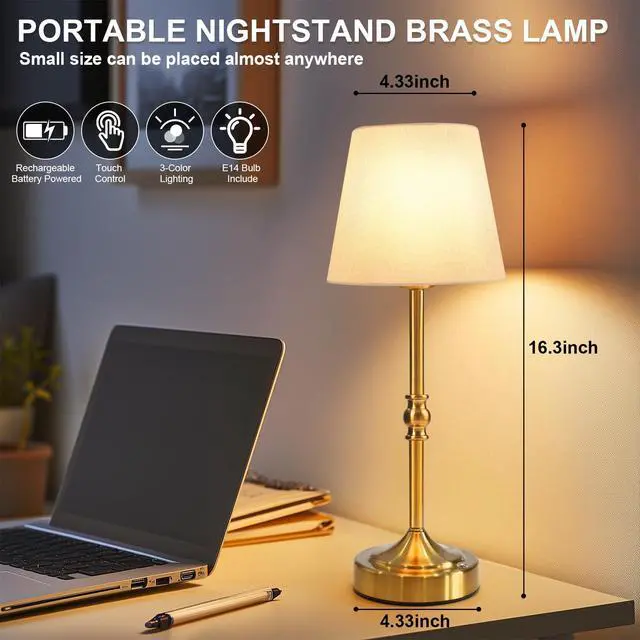 Alt view image 3 of 7 - Rechargeable Cordless Table Lamp, 5000mAh Battery Operated Lamp, Wireless 3-Level Dimmable Touch Lamp, Portable Night Bedside Brass Lamp, Desk Light for Home Decor, Patio, Restaurant, Dinning