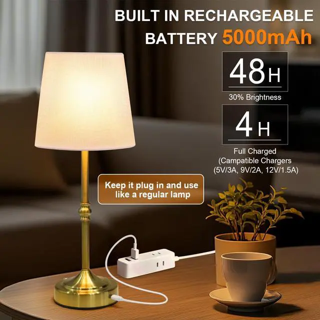 Alt view image 4 of 7 - Rechargeable Cordless Table Lamp, 5000mAh Battery Operated Lamp, Wireless 3-Level Dimmable Touch Lamp, Portable Night Bedside Brass Lamp, Desk Light for Home Decor, Patio, Restaurant, Dinning