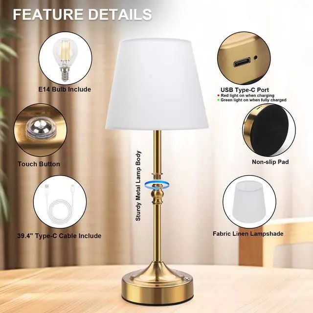 Alt view image 5 of 7 - Rechargeable Cordless Table Lamp, 5000mAh Battery Operated Lamp, Wireless 3-Level Dimmable Touch Lamp, Portable Night Bedside Brass Lamp, Desk Light for Home Decor, Patio, Restaurant, Dinning