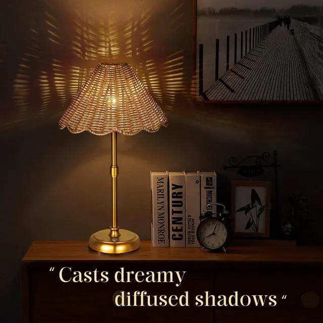 Alt view image 2 of 7 - Cordless Boho Rattan Table lamp, 5200-mAh Rechargeable Battery, 3-level Brightness Dimmable, Build-in Integrated LED 320 Lumen Max, Rattan Shade, for Bedside Restaurant Resort Hotel Dining Table