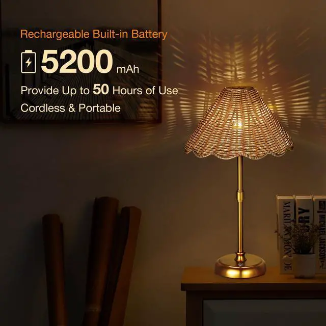 Alt view image 4 of 7 - Cordless Boho Rattan Table lamp, 5200-mAh Rechargeable Battery, 3-level Brightness Dimmable, Build-in Integrated LED 320 Lumen Max, Rattan Shade, for Bedside Restaurant Resort Hotel Dining Table
