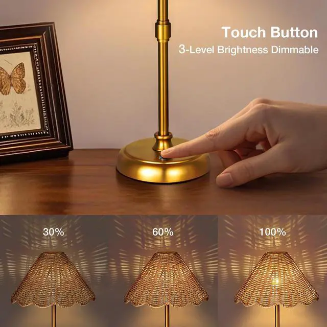 Alt view image 6 of 7 - Cordless Boho Rattan Table lamp, 5200-mAh Rechargeable Battery, 3-level Brightness Dimmable, Build-in Integrated LED 320 Lumen Max, Rattan Shade, for Bedside Restaurant Resort Hotel Dining Table