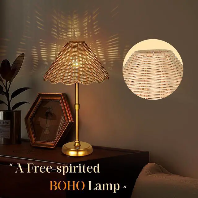 Alt view image 7 of 7 - Cordless Boho Rattan Table lamp, 5200-mAh Rechargeable Battery, 3-level Brightness Dimmable, Build-in Integrated LED 320 Lumen Max, Rattan Shade, for Bedside Restaurant Resort Hotel Dining Table