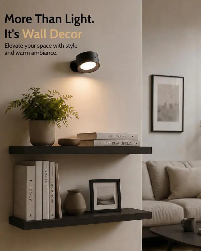 Alt view image 2 of 7 - LED Wall Mounted Lights, Rechargeable Wall Sconces Lamp, 3 Color Temps & Remote and Touch, 360°Rotation Dimmable Cordless Wall Light for Study Bedroom Reading Bedside(Black, 2 Pack)
