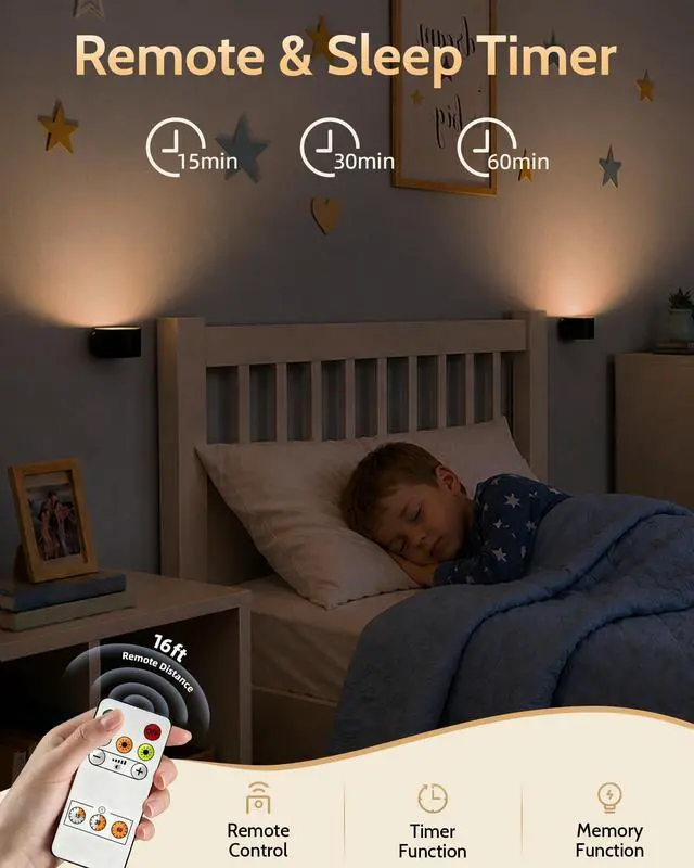 Alt view image 3 of 7 - LED Wall Mounted Lights, Rechargeable Wall Sconces Lamp, 3 Color Temps & Remote and Touch, 360°Rotation Dimmable Cordless Wall Light for Study Bedroom Reading Bedside(Black, 2 Pack)