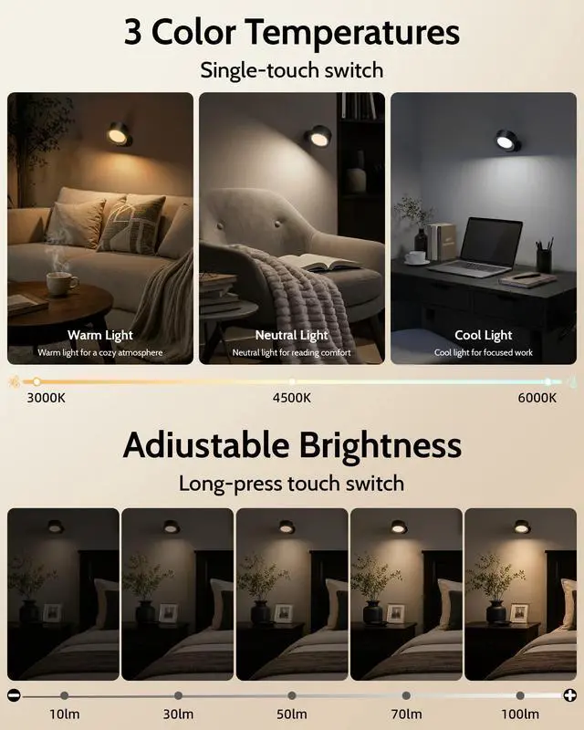 Alt view image 6 of 7 - LED Wall Mounted Lights, Rechargeable Wall Sconces Lamp, 3 Color Temps & Remote and Touch, 360°Rotation Dimmable Cordless Wall Light for Study Bedroom Reading Bedside(Black, 2 Pack)