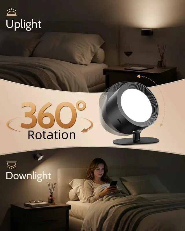 Alt view image 7 of 7 - LED Wall Mounted Lights, Rechargeable Wall Sconces Lamp, 3 Color Temps & Remote and Touch, 360°Rotation Dimmable Cordless Wall Light for Study Bedroom Reading Bedside(Black, 2 Pack)