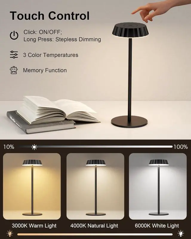 Alt view image 4 of 7 - Rechargeable Table Lamp IP65 Waterproof & Fast Charging, 5000mAh Battery Cordless LED with 3-Color Dimmable Light, 2-Pack for Camping, Bedroom & Kitchen