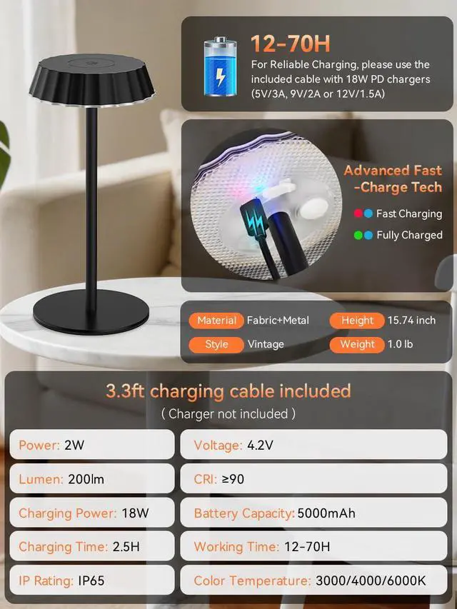 Alt view image 7 of 7 - Rechargeable Table Lamp IP65 Waterproof & Fast Charging, 5000mAh Battery Cordless LED with 3-Color Dimmable Light, 2-Pack for Camping, Bedroom & Kitchen