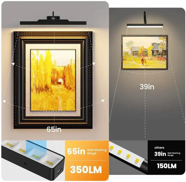 Alt view image 2 of 7 - Dimmable Cordless Picture Light for Wall 16in, 5000mAh Rechargeable Battery Wall Sconce Art Light, CRI 95+ 350LM Wall Light for Gallery Artwork, Paintings, Photo,Portraits - Black