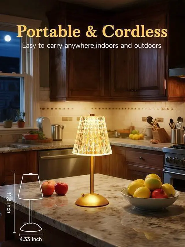 Alt view image 2 of 7 - Crystal Cordless Lamp, Dimmable+3 Colors Rechargeable Lamp, Touch+2000mAh Battery Operated Vintage Ambient Light for Kitchen/Bedroom/Bathroom Shower, College Gifts, Mothers Day Gifts for Wife Daughter