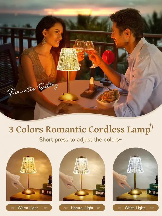 Alt view image 3 of 7 - Crystal Cordless Lamp, Dimmable+3 Colors Rechargeable Lamp, Touch+2000mAh Battery Operated Vintage Ambient Light for Kitchen/Bedroom/Bathroom Shower, College Gifts, Mothers Day Gifts for Wife Daughter