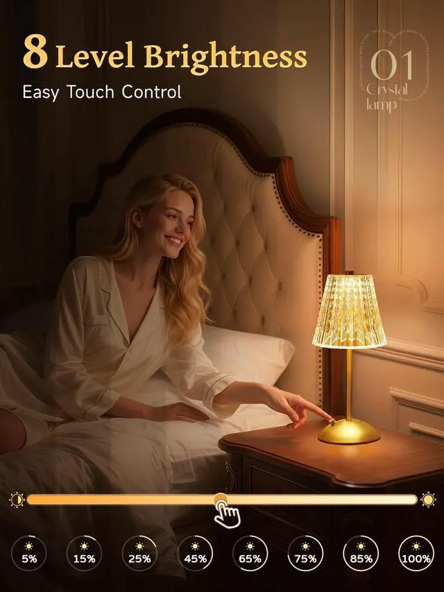 Alt view image 4 of 7 - Crystal Cordless Lamp, Dimmable+3 Colors Rechargeable Lamp, Touch+2000mAh Battery Operated Vintage Ambient Light for Kitchen/Bedroom/Bathroom Shower, College Gifts, Mothers Day Gifts for Wife Daughter