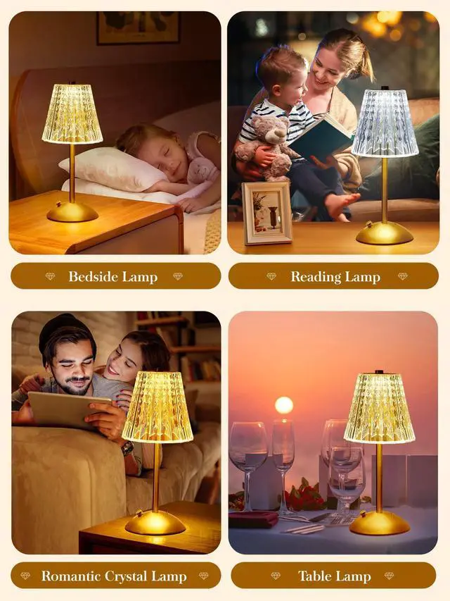 Alt view image 5 of 7 - Crystal Cordless Lamp, Dimmable+3 Colors Rechargeable Lamp, Touch+2000mAh Battery Operated Vintage Ambient Light for Kitchen/Bedroom/Bathroom Shower, College Gifts, Mothers Day Gifts for Wife Daughter