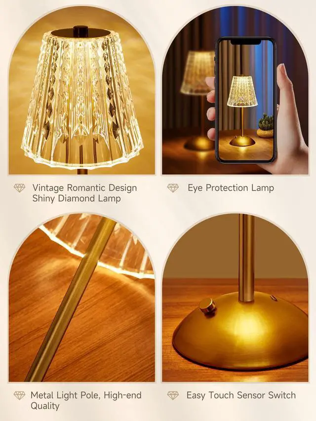 Alt view image 6 of 7 - Crystal Cordless Lamp, Dimmable+3 Colors Rechargeable Lamp, Touch+2000mAh Battery Operated Vintage Ambient Light for Kitchen/Bedroom/Bathroom Shower, College Gifts, Mothers Day Gifts for Wife Daughter