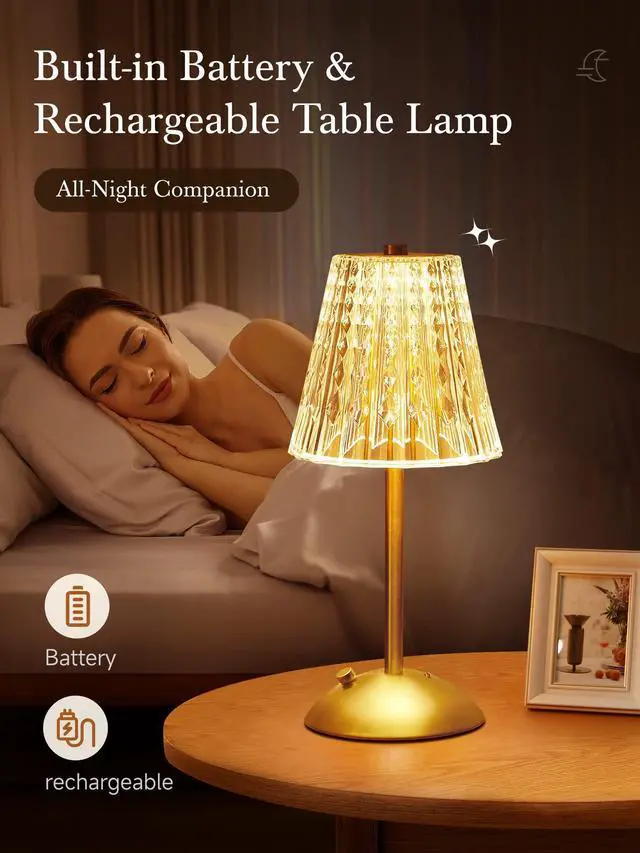 Alt view image 7 of 7 - Crystal Cordless Lamp, Dimmable+3 Colors Rechargeable Lamp, Touch+2000mAh Battery Operated Vintage Ambient Light for Kitchen/Bedroom/Bathroom Shower, College Gifts, Mothers Day Gifts for Wife Daughter