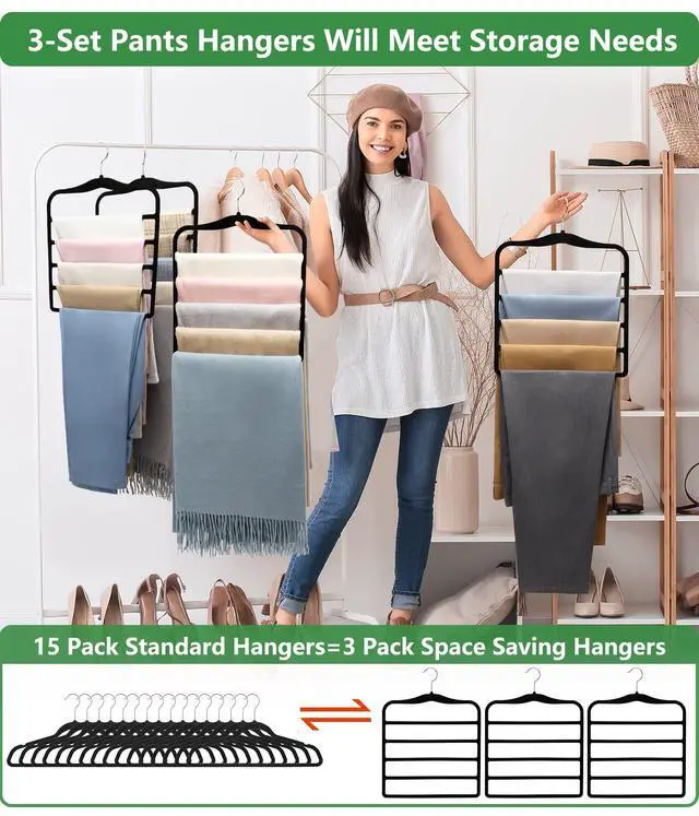 Alt view image 3 of 7 - Closet Organizers and Storage,3 Pack Organization and Storage Pants-Hangers-Space-Saving,Velvet Hanger for Dorm Room for College Students Girls Boys Guys Hanging Jean Scarf