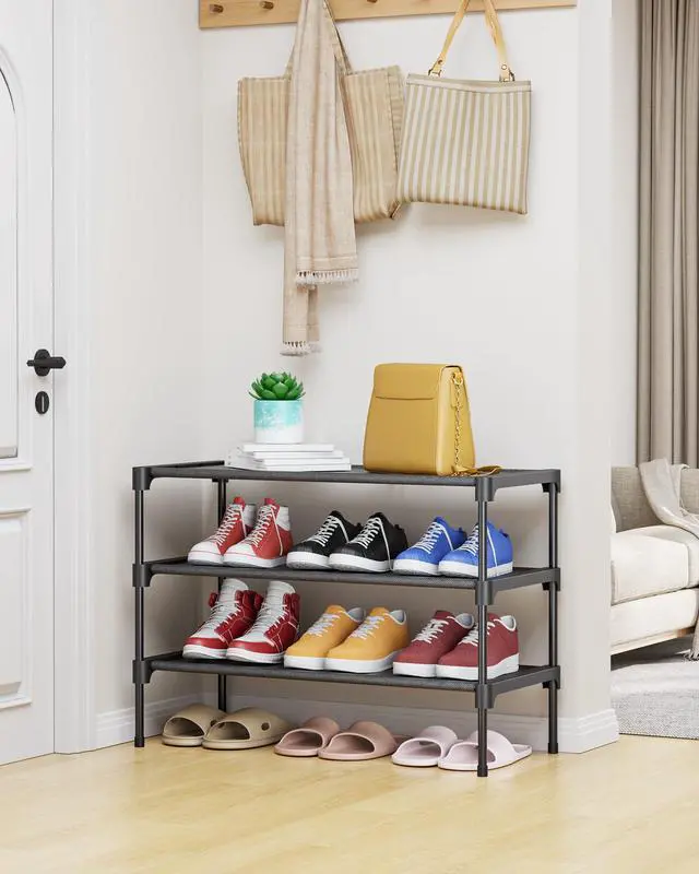 Alt view image 2 of 7 - Shoe Rack - Non-Woven Shoe Rack Shelf, Shoe Organizer for Closet, Entryway, Garage & Corridor, Stackable Shoe Shelves, 27.5" Wide - 3 Tier, Black