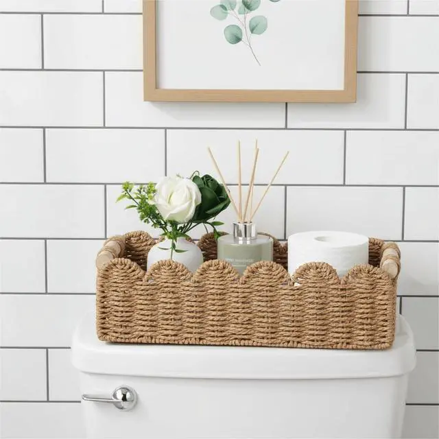 Alt view image 2 of 7 - Paper Rope Scalloped Edge Toilet Paper Storage Basket, Small Living Room, Bedroom Decor Baskets for Over Toilet Storage Shelf, End Table, Shelves and More, with 2 Wooden Handle, Neutral