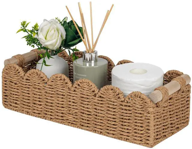 Main image of Paper Rope Scalloped Edge Toilet Paper Storage Basket, Small Living Room, Bedroom Decor Baskets for Over Toilet Storage Shelf, End Table, Shelves and More, with 2 Wooden Handle, Neutral
