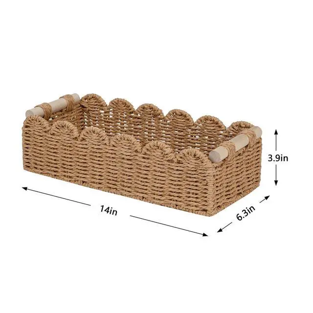 Alt view image 4 of 7 - Paper Rope Scalloped Edge Toilet Paper Storage Basket, Small Living Room, Bedroom Decor Baskets for Over Toilet Storage Shelf, End Table, Shelves and More, with 2 Wooden Handle, Neutral