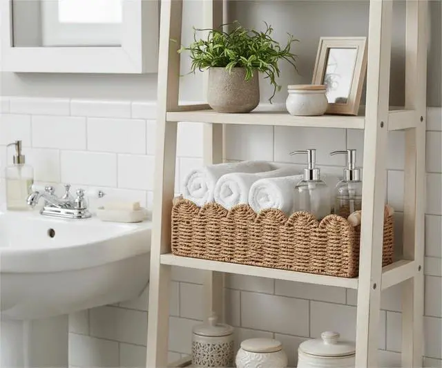 Alt view image 3 of 7 - Paper Rope Scalloped Edge Toilet Paper Storage Basket, Small Living Room, Bedroom Decor Baskets for Over Toilet Storage Shelf, End Table, Shelves and More, with 2 Wooden Handle, Neutral