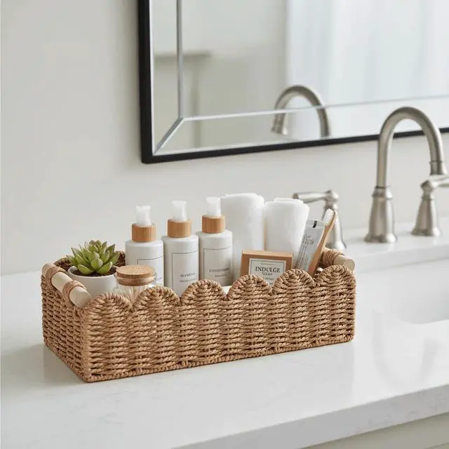 Alt view image 6 of 7 - Paper Rope Scalloped Edge Toilet Paper Storage Basket, Small Living Room, Bedroom Decor Baskets for Over Toilet Storage Shelf, End Table, Shelves and More, with 2 Wooden Handle, Neutral