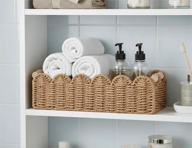 Alt view image 7 of 7 - Paper Rope Scalloped Edge Toilet Paper Storage Basket, Small Living Room, Bedroom Decor Baskets for Over Toilet Storage Shelf, End Table, Shelves and More, with 2 Wooden Handle, Neutral