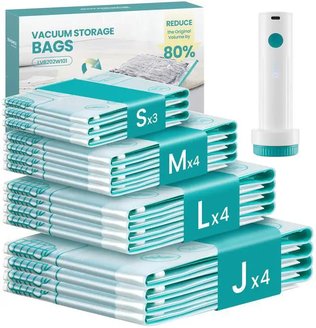Main image of Vacuum Storage Bags, Rechargeable Portable Electric Pump, Space Saver Vacuum Seal Suction Bags for Clothing Travel Bedding Comforters, Reusable, 15 Pack, 3S/4M/4L/4J, Transparent ULVB203W101