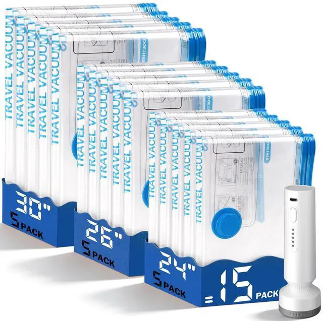 Main image of 15 Pack Vacuum Storage Bags for Travel with Rechargeable Cordless Pump, Space Saver Bags for Clothes, Compression Packing Bags for Luggage and Suitcase,Blue