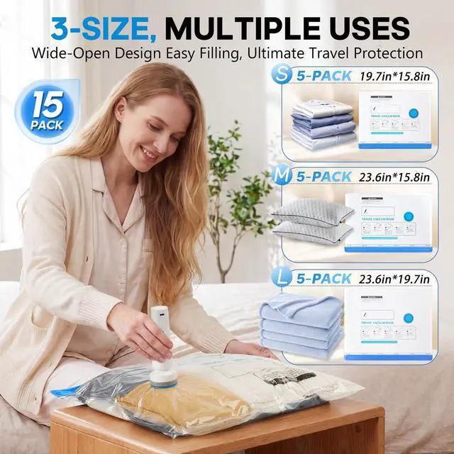 Alt view image 2 of 7 - 15 Pack Vacuum Storage Bags for Travel with Rechargeable Cordless Pump, Space Saver Bags for Clothes, Compression Packing Bags for Luggage and Suitcase,Blue