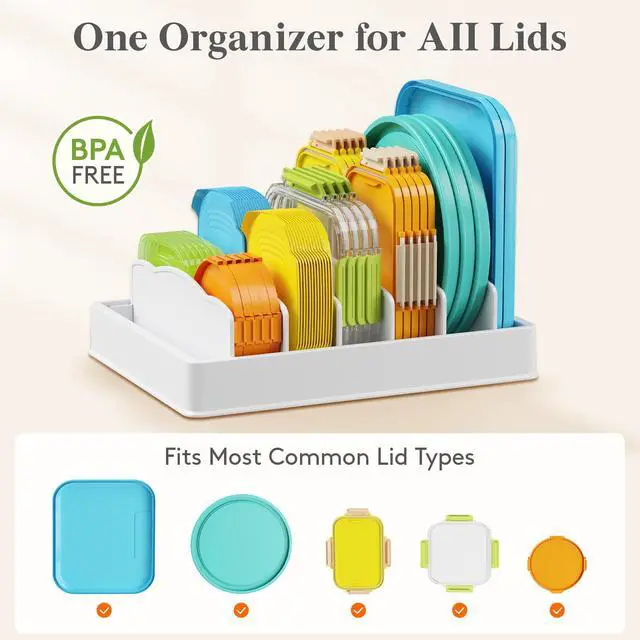 Alt view image 2 of 7 - Kitchen Cabinet Organizer for Food Contanier Lid, Lid Holder with 6 Adjustable Dividers & 7 Sections for Pantry Organizers and Storage, Home Drawer Organization, Large, 13" x 10"
