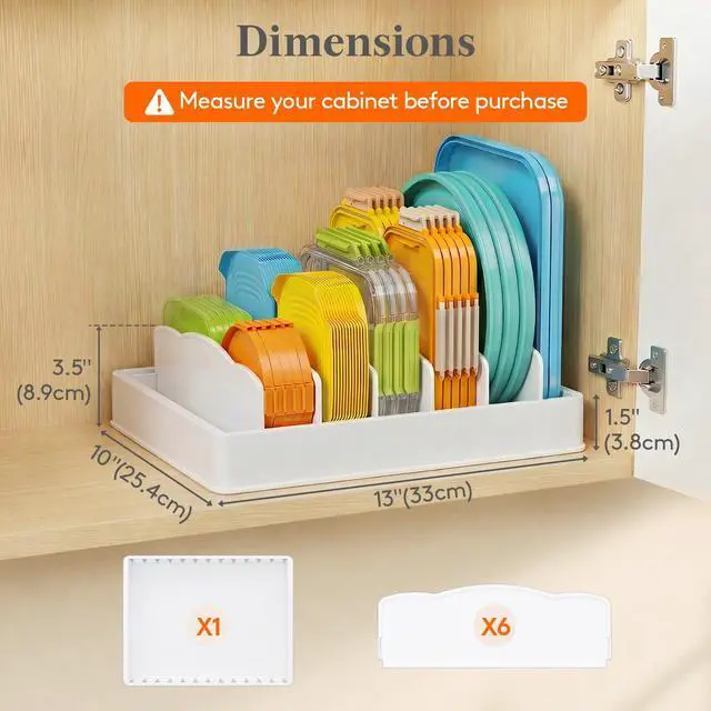 Alt view image 3 of 7 - Kitchen Cabinet Organizer for Food Contanier Lid, Lid Holder with 6 Adjustable Dividers & 7 Sections for Pantry Organizers and Storage, Home Drawer Organization, Large, 13" x 10"