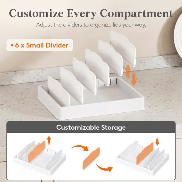 Alt view image 5 of 7 - Kitchen Cabinet Organizer for Food Contanier Lid, Lid Holder with 6 Adjustable Dividers & 7 Sections for Pantry Organizers and Storage, Home Drawer Organization, Large, 13" x 10"