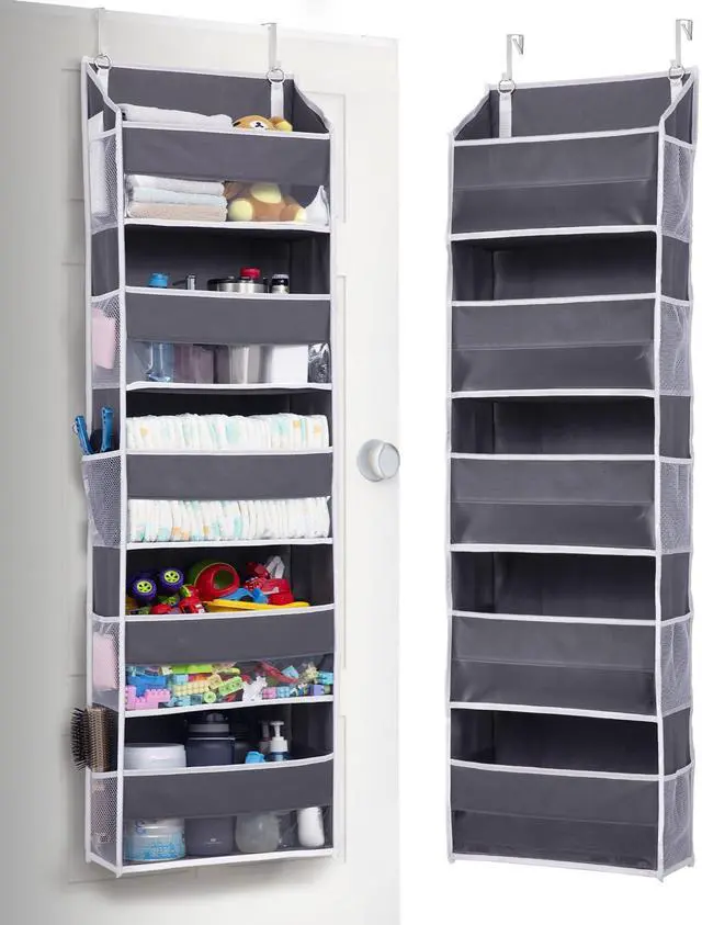 Main image of 1 Pack Over Door Organizer with 5 Large and 10 Mesh Side Pockets, 44 lbs Weight Capacity Hanging Storage with Clear Window Kids Toys, Shoes, Diapers, Dark Grey, 5 Layers