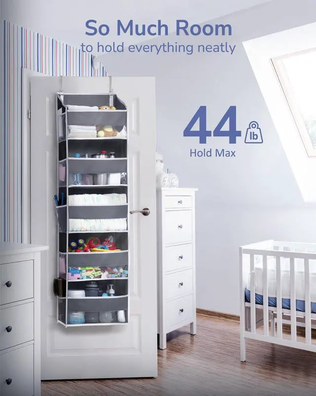Alt view image 3 of 7 - 1 Pack Over Door Organizer with 5 Large and 10 Mesh Side Pockets, 44 lbs Weight Capacity Hanging Storage with Clear Window Kids Toys, Shoes, Diapers, Dark Grey, 5 Layers