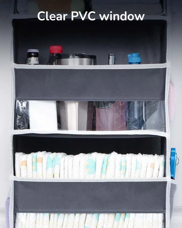 Alt view image 4 of 7 - 1 Pack Over Door Organizer with 5 Large and 10 Mesh Side Pockets, 44 lbs Weight Capacity Hanging Storage with Clear Window Kids Toys, Shoes, Diapers, Dark Grey, 5 Layers