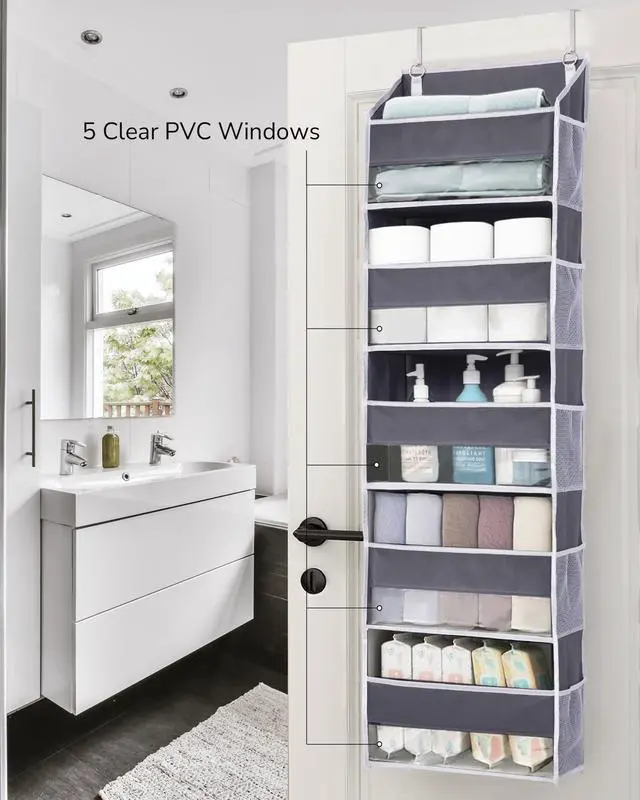 Alt view image 6 of 7 - 1 Pack Over Door Organizer with 5 Large and 10 Mesh Side Pockets, 44 lbs Weight Capacity Hanging Storage with Clear Window Kids Toys, Shoes, Diapers, Dark Grey, 5 Layers