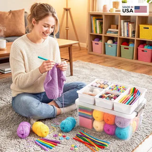 Alt view image 2 of 7 - 17 QT Plastic Storage Box with Removable Tray Craft Organizers and Storage Clear Storage Container for Organizing Bead, Tool, Sewing, Playdoh, Coloring Books, Markers