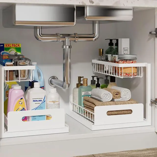 Main image of Under Sink Organizer, Pull Out Cabinet Organizer, 2 Tier Metal Slide Out Shelf with L Shaped Design for Kitchen, Bathroom, Laundry, and Utility Cabinet Storage for Deep Cabinets, White, 2 Pack