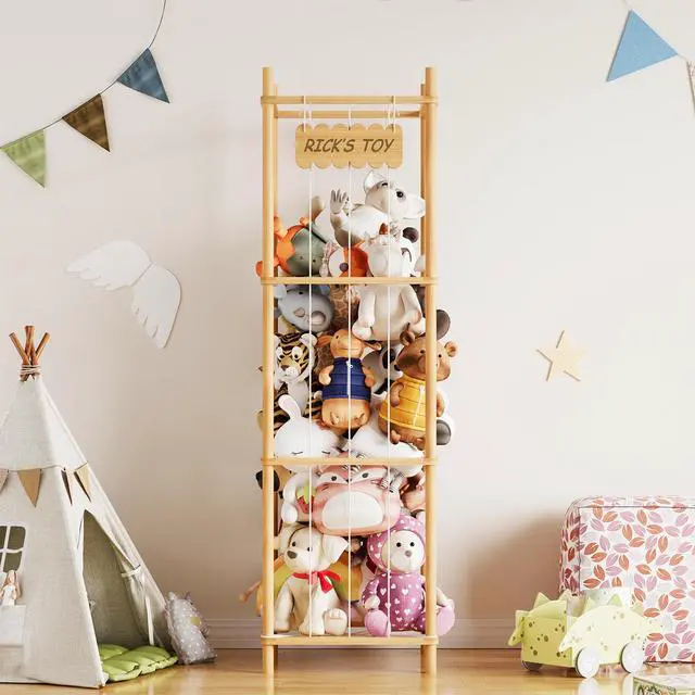 Alt view image 2 of 5 - Stuffed Animal Storage Organizer, Wood Animals Zoo Toy Plushies Storage Holder, Large Capacity Plush Toy Cage for Playroom Organization, 15.8" Wide, Natural