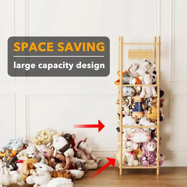 Alt view image 3 of 5 - Stuffed Animal Storage Organizer, Wood Animals Zoo Toy Plushies Storage Holder, Large Capacity Plush Toy Cage for Playroom Organization, 15.8" Wide, Natural