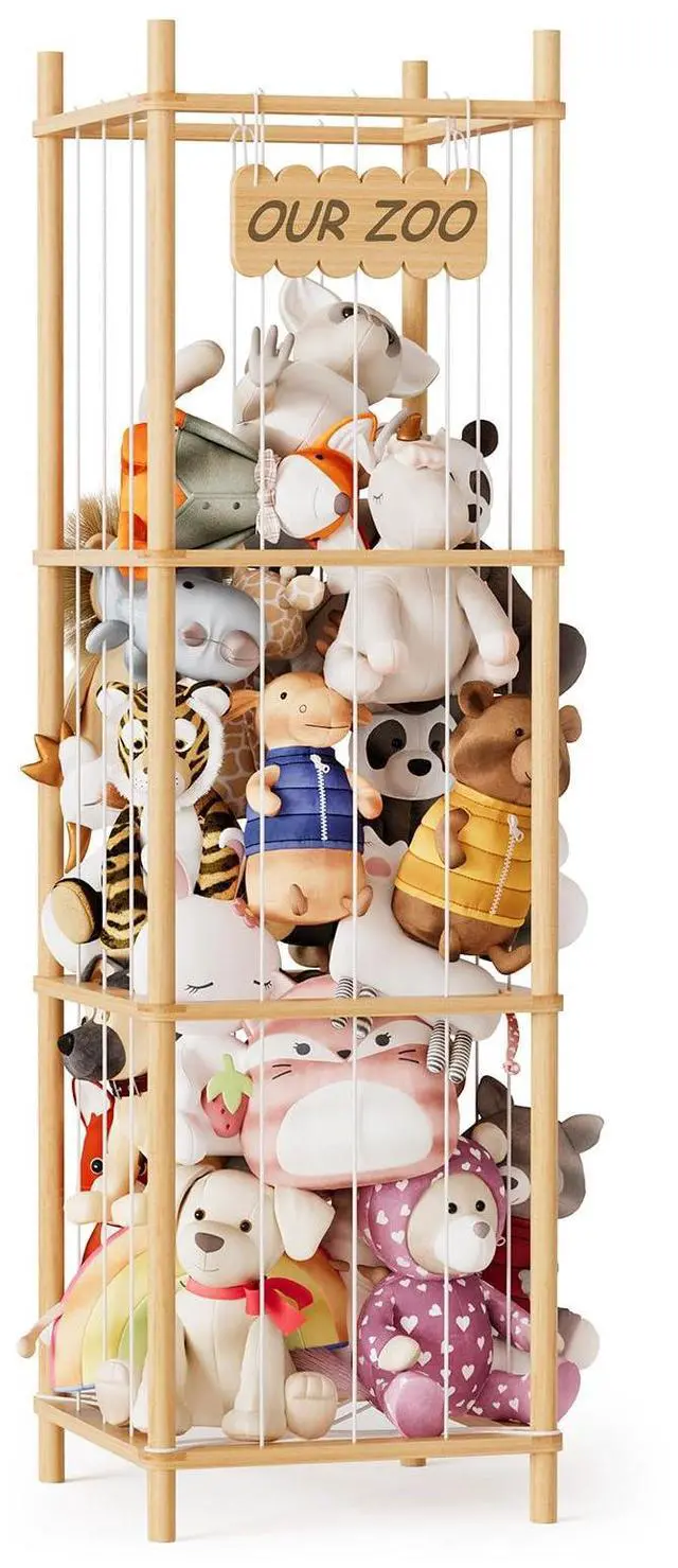 Main image of Stuffed Animal Storage Organizer, Wood Animals Zoo Toy Plushies Storage Holder, Large Capacity Plush Toy Cage for Playroom Organization, 15.8" Wide, Natural